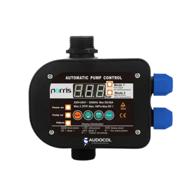 Interruptor automatico de presión Norris regulable | 110/220 Vac | 30Amp | Conexión G1″ | IP65 | 10bar | Hasta 5Hp | Con Display | NRIP30A12-R